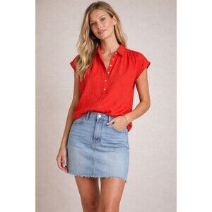 J. CREW Baird McNutt Irish Linen Red Orange Short Sleeve Popover Top Relaxed S
